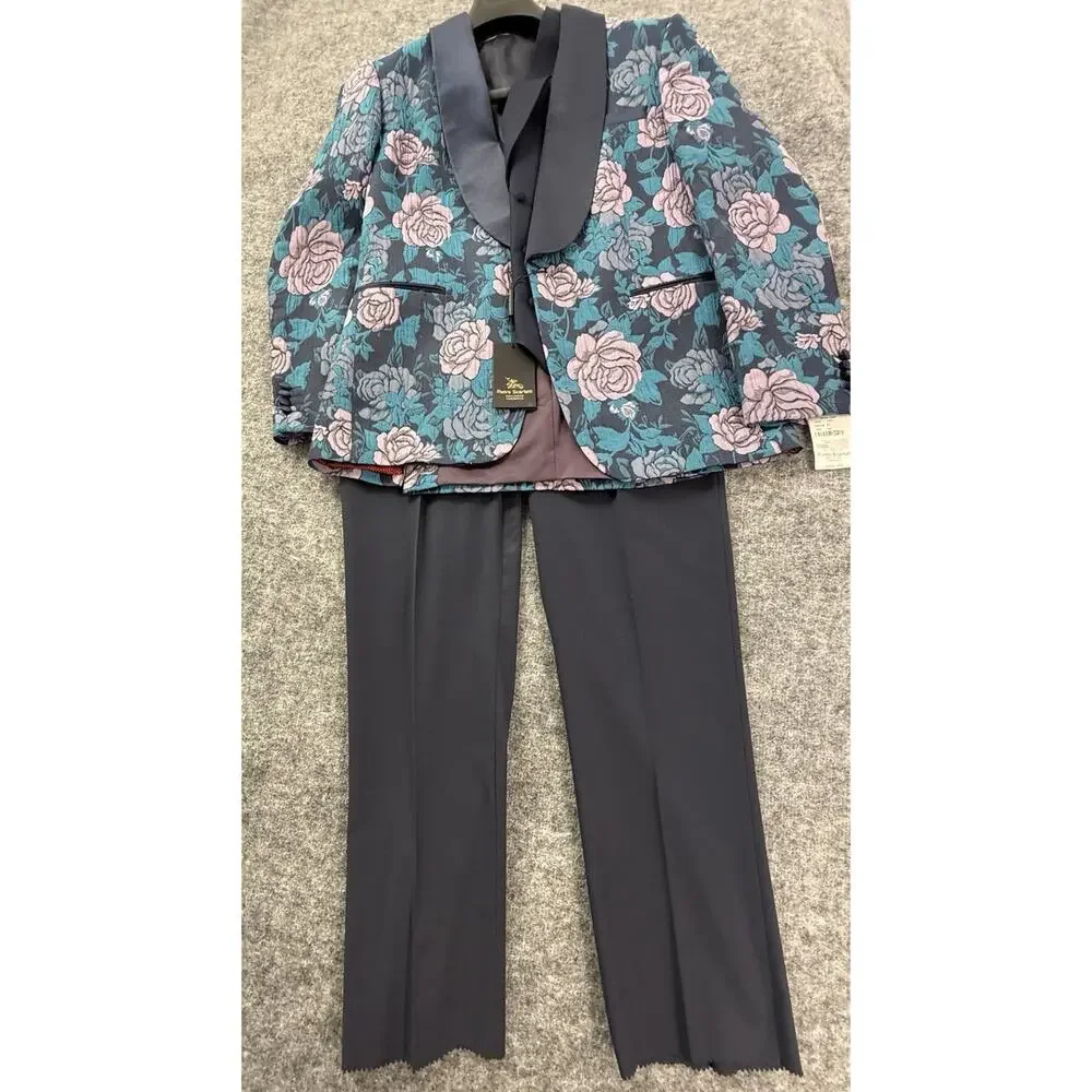 Pietro Scarlatti Mens Suit 3pc US 44 EU 54 Floral Blazer Vest Pants Blue T2